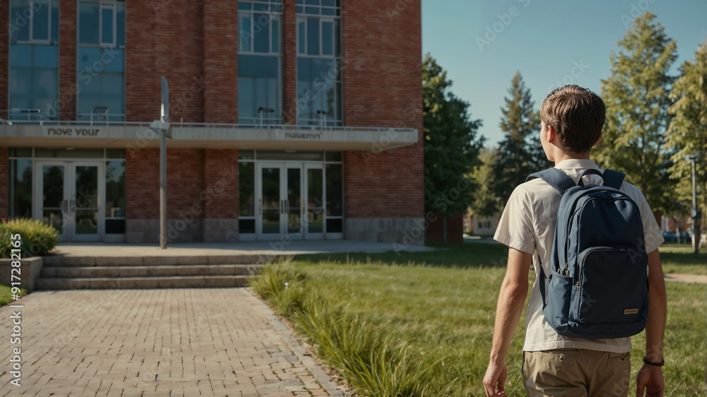 A student with a backpack walks down a sunny sidewalk, excited for the first day back at school after summer break. A student with a backpack walks down a sunny sidewalk, excited for the first day back at school after summer break.