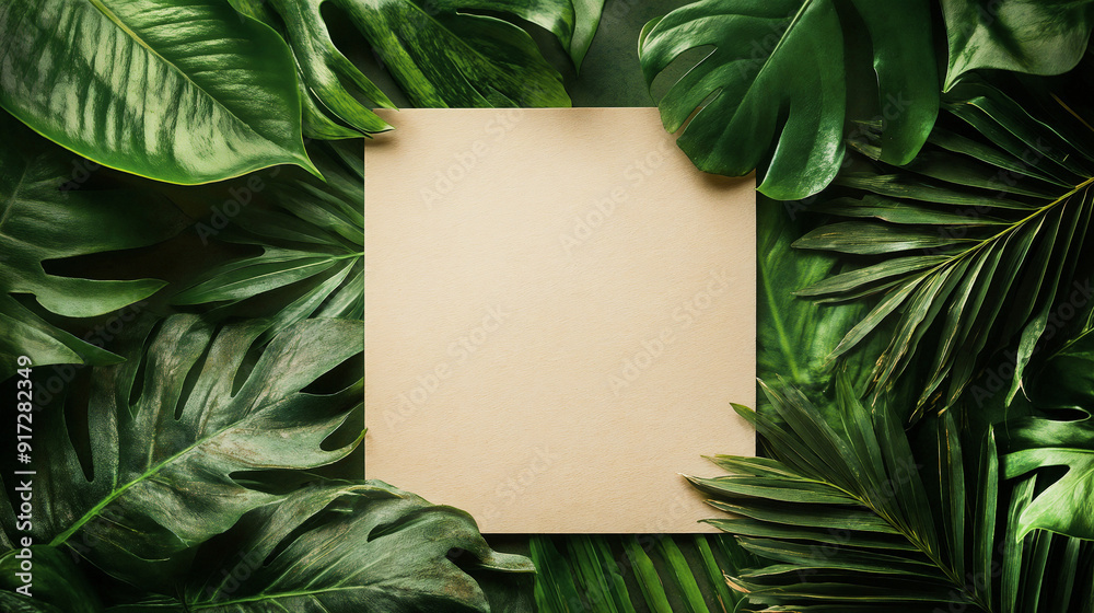 Tropical jungle forest leaves border as frame, center is a piece of textured paper. Tropical jungle forest leaves border as frame, center is a piece of textured paper.