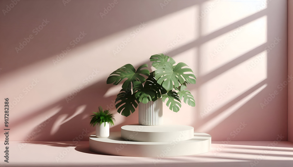 3D Render Pastel Pink Podiums With Soft Shadows And A White Vase With Tropical Leaves Casting A Shadow. Cosmetic Or Beauty Product Promotion, Abstract Minimal Advertise. Copy Space Mockup. 3D Render Pastel Pink Podiums With Soft Shadows And A White Vase With Tropical Leaves Casting A Shadow. Cosmetic Or Beauty Product Promotion, Abstract Minimal Advertise. Copy Space Mockup.