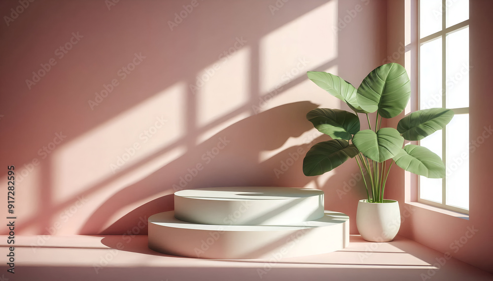 3D Render Pastel Pink Podiums With Soft Shadows And A White Vase With Tropical Leaves Casting A Shadow. Cosmetic Or Beauty Product Promotion, Abstract Minimal Advertise. Copy Space Mockup. 3D Render Pastel Pink Podiums With Soft Shadows And A White Vase With Tropical Leaves Casting A Shadow. Cosmetic Or Beauty Product Promotion, Abstract Minimal Advertise. Copy Space Mockup.