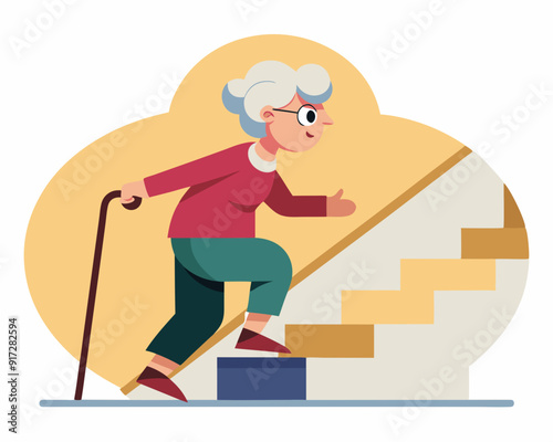 An elderly lady climbing a stair. Granny walks upstairs. Old lady climbing a stair. Grandma with a stick