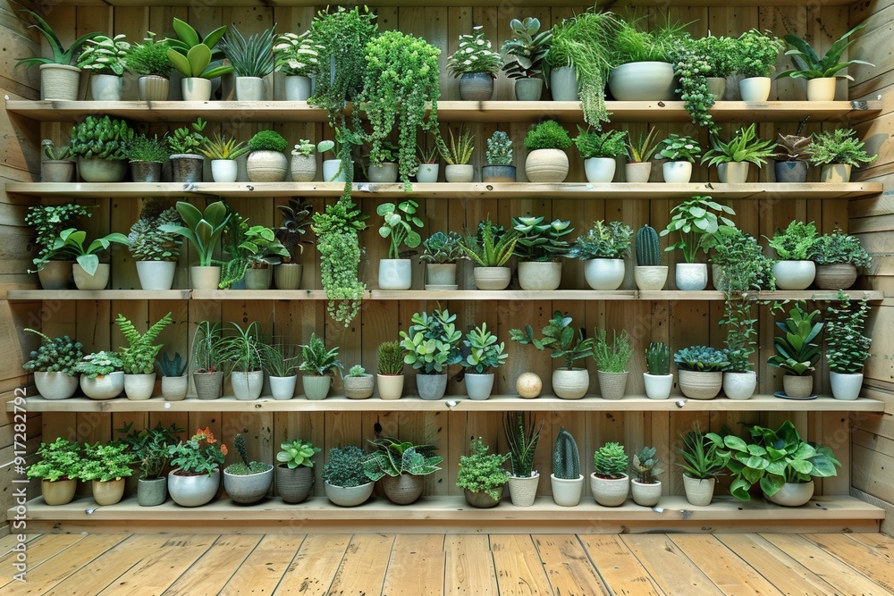 Lush Greenery Displayed on Wooden Shelves in a Contemporary Indoor Plant Nursery Lush Greenery Displayed on Wooden Shelves in a Contemporary Indoor Plant Nursery