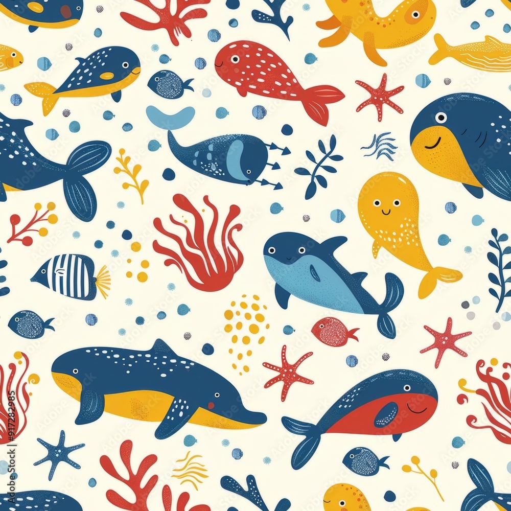 Seamless cartoon fish pattern for kids, vector underwater animal wallpaper. Seamless cartoon fish pattern for kids, vector underwater animal wallpaper.
