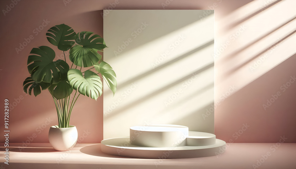 3D Render Pastel Pink Podiums With Soft Shadows And A White Vase With Tropical Leaves Casting A Shadow. Cosmetic Or Beauty Product Promotion, Abstract Minimal Advertise. Copy Space Mockup. 3D Render Pastel Pink Podiums With Soft Shadows And A White Vase With Tropical Leaves Casting A Shadow. Cosmetic Or Beauty Product Promotion, Abstract Minimal Advertise. Copy Space Mockup.