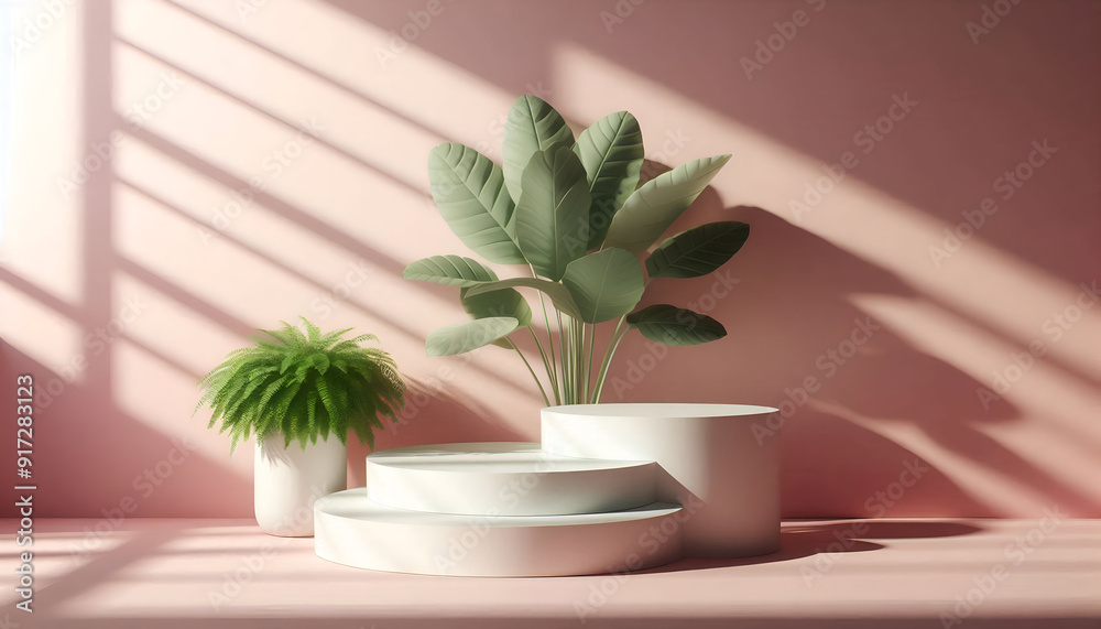 3D Render Pastel Pink Podiums With Soft Shadows And A White Vase With Tropical Leaves Casting A Shadow. Cosmetic Or Beauty Product Promotion, Abstract Minimal Advertise. Copy Space Mockup. 3D Render Pastel Pink Podiums With Soft Shadows And A White Vase With Tropical Leaves Casting A Shadow. Cosmetic Or Beauty Product Promotion, Abstract Minimal Advertise. Copy Space Mockup.