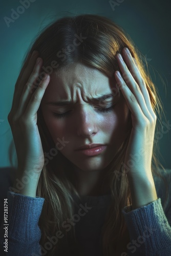 Distressed woman with a headache, gripping her head with one hand, her eyes closed, and her face displaying extreme pain and misery.