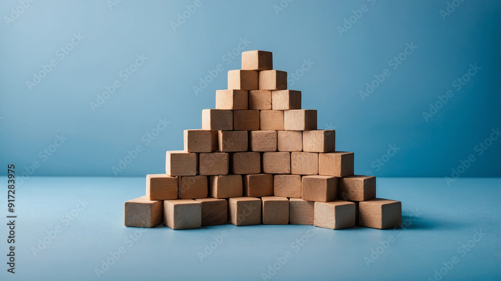 Wooden blocks pyramid on platform against solid blue background in minimalistic style, full frame shot. Wooden blocks pyramid on platform against solid blue background in minimalistic style, full frame shot.