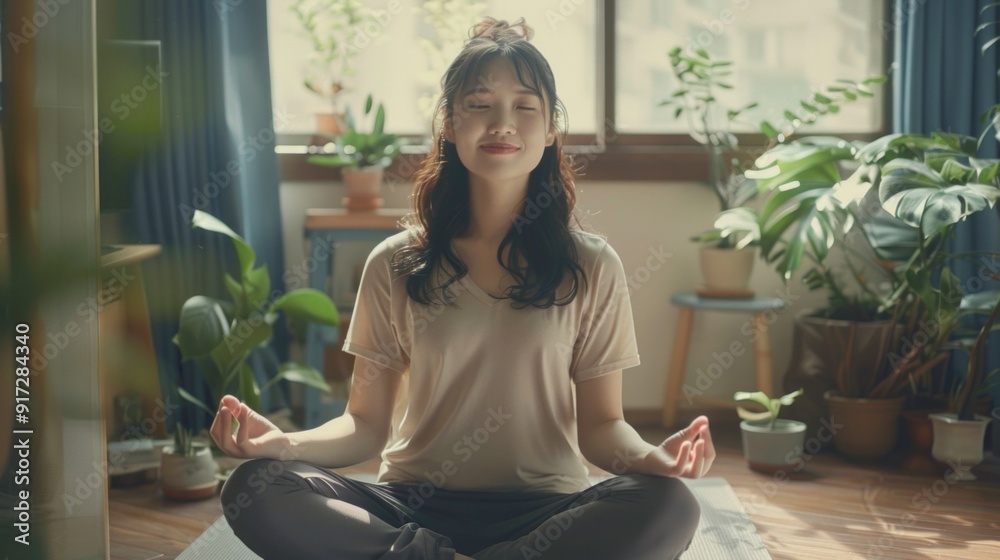 A woman is sitting on the floor in a room with plants