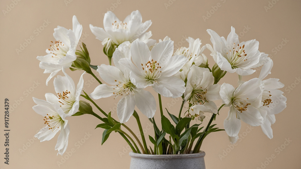 Fototapeta premium Beautiful white flowers in a vase against a neutral beige background in a simple and elegant arrangement.