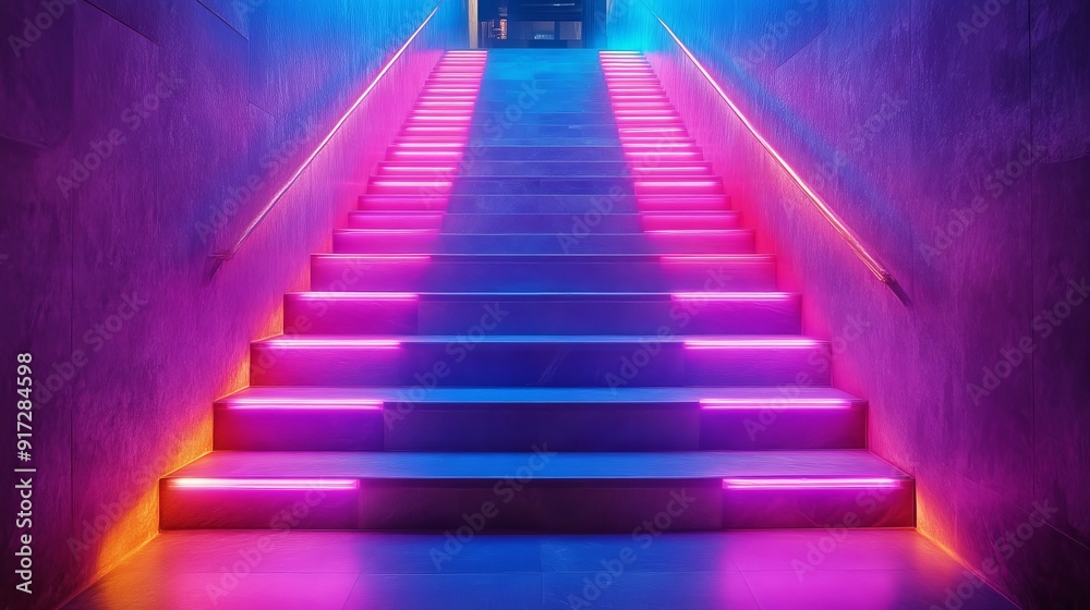 Vibrant staircase with neon lights, modern Vibrant staircase with neon lights, modern