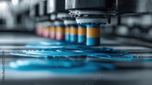 A high-tech machine in a manufacturing line is captured in a close-up shot as it applies blue paint to a surface. The image focuses on the precision and efficiency of the machinery. photo