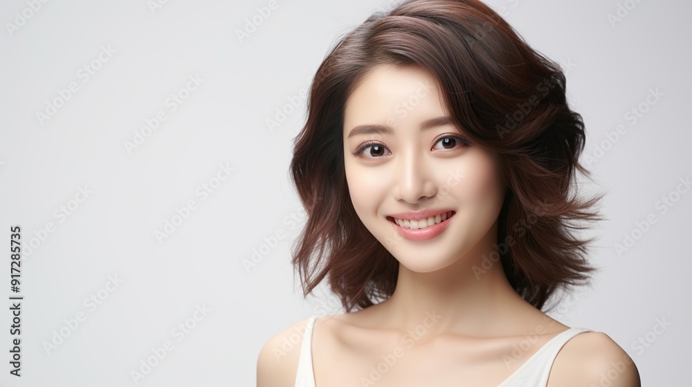 Beautiful young asian woman with clean fresh skin. Smiling Asian Woman With Short Brown Hair. Asian women portrait. Cosmetology, beauty and spa. Copy Space. AI generated image Beautiful young asian woman with clean fresh skin. Smiling Asian Woman With Short Brown Hair. Asian women portrait. Cosmetology, beauty and spa. Copy Space. AI generated image
