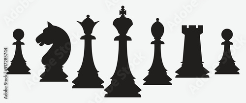 Set of chess vector icons. Black silhouette with chess. King, queen, pawn, horse and rook.