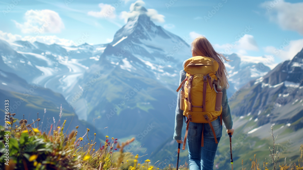 A female tourist with backpack walking on the mountain path looking at the snowy mountain in the background. Generative Ai. A female tourist with backpack walking on the mountain path looking at the snowy mountain in the background. Generative Ai.