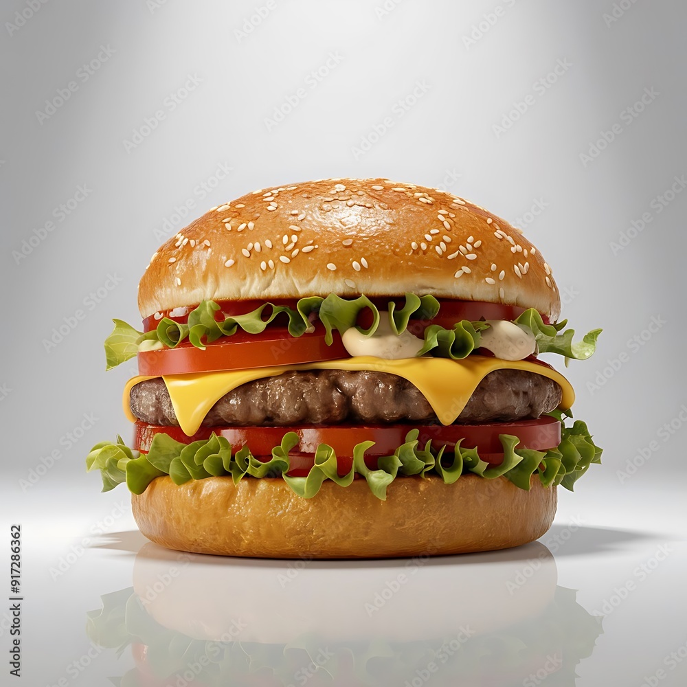 A detailed image of a gourmet cheeseburger featuring a thick beef patty topped with Swiss cheese, caramelized onions, crisp lettuce, isolated on a white background. A detailed image of a gourmet cheeseburger featuring a thick beef patty topped with Swiss cheese, caramelized onions, crisp lettuce, isolated on a white background.