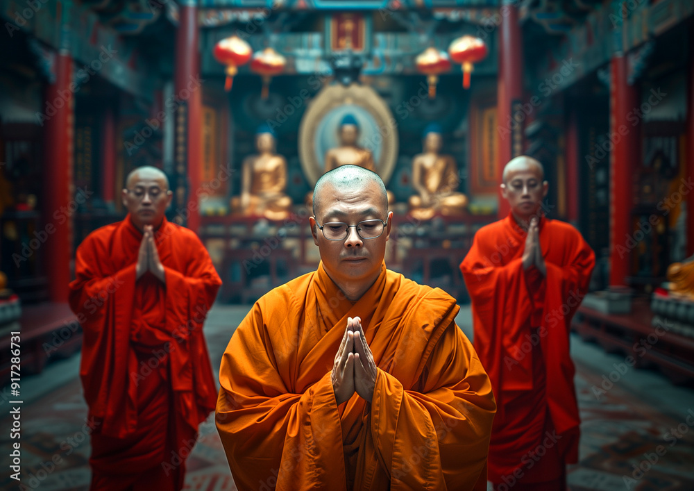 Naklejka premium Three monks in traditional robes meditating in a serene temple adorned with candles and a large Buddha statue at dusk. Generative AI.