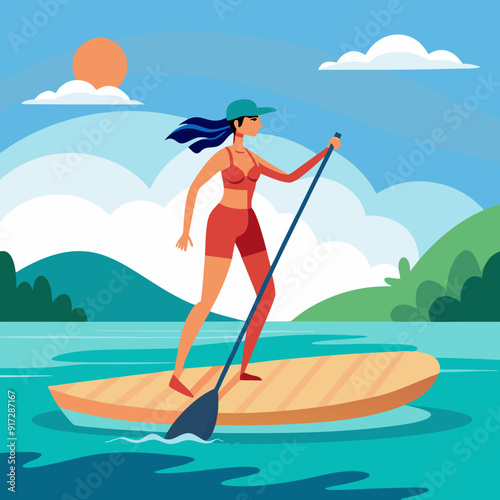 Woman doing Stand Up Paddling on Paddle Board on Water at Seaside