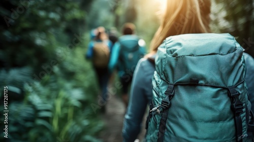 Hikers with backpacks are trekking through a lush green forest trail, symbolizing adventure, nature exploration, and the essence of outdoor activities and group journeys.