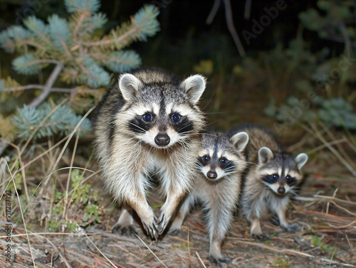 Three raccoons are standing in the woods. One of them is looking at the camera. The other two are looking away