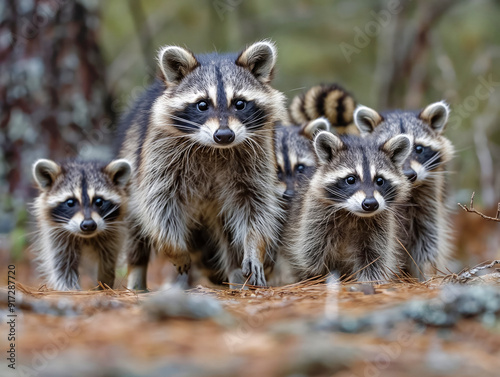 A family of raccoons are walking through the woods. The mother raccoon is leading the way, with her babies following closely behind her. The scene is peaceful and serene