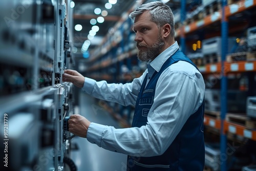 Technician Working Diligently On Control Panels In Warehouse During Evening Hours