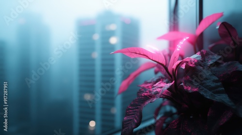 A plant with a pink glow stands against a backdrop of skyscrapers under a city nightscape, symbolizing the fusion of nature and urban life in modern settings.