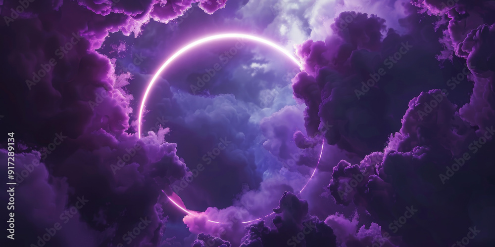 Purple Glowing Ring In Dark Cloudy Sky. Surreal Mysterious Background