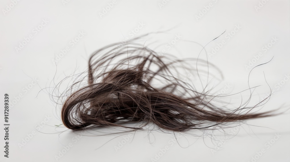 Fototapeta premium Fallen female hair on a white background. Alopecia, hair loss. Strand of female hair. AI generated.