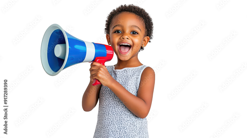 African American girl, 10, casual dress, short hair - Joyfully using the megaphone African American girl, 10, casual dress, short hair - Joyfully using the megaphone