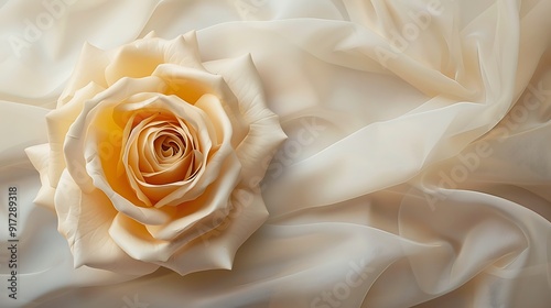 A romantic ivory rose adorning a creamy white wall, with delicate folds and a warm ambiance