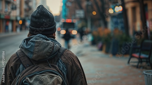 Homeless man in warm clothes and with a backpack walks along the streets, rear view. Close-up. AI generated.