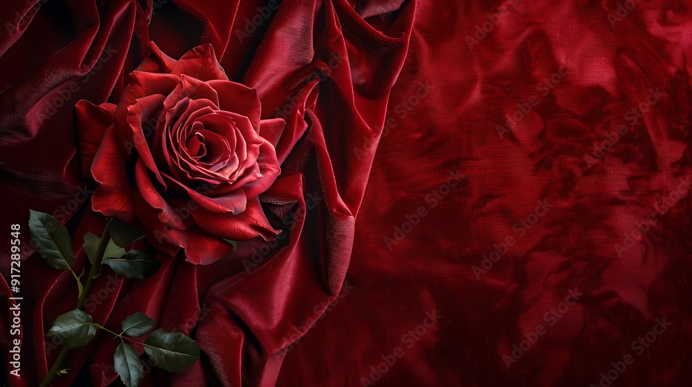 A romantic red rose adorning a dark red velvet wall, with delicate folds and a luxurious ambiance A romantic red rose adorning a dark red velvet wall, with delicate folds and a luxurious ambiance