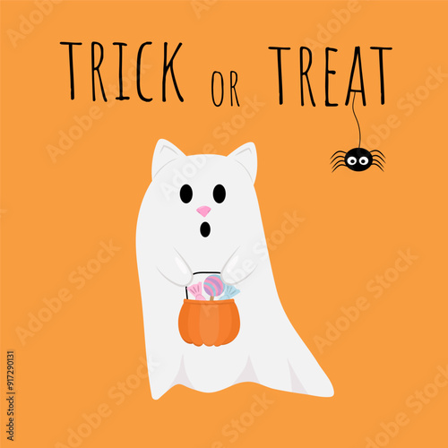 Trick or treat illustration on orange background cute ghost cat with pumpkin candy Halloween