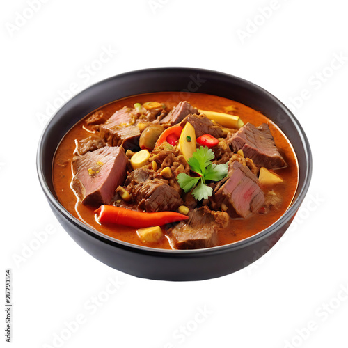 A bowl of Spicy beef curry & beef vindaloo isolated on a transparent background by AI generative