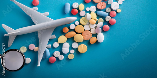 avion con pildoras y pastillas para evitar fobia y miedo a volar, alturas, mareos, pánico, prevencion photo