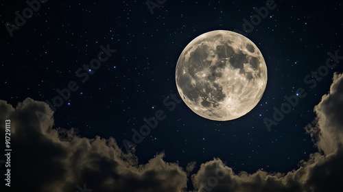 Professional photo of full moon stars and clouds on the dark midnight sky