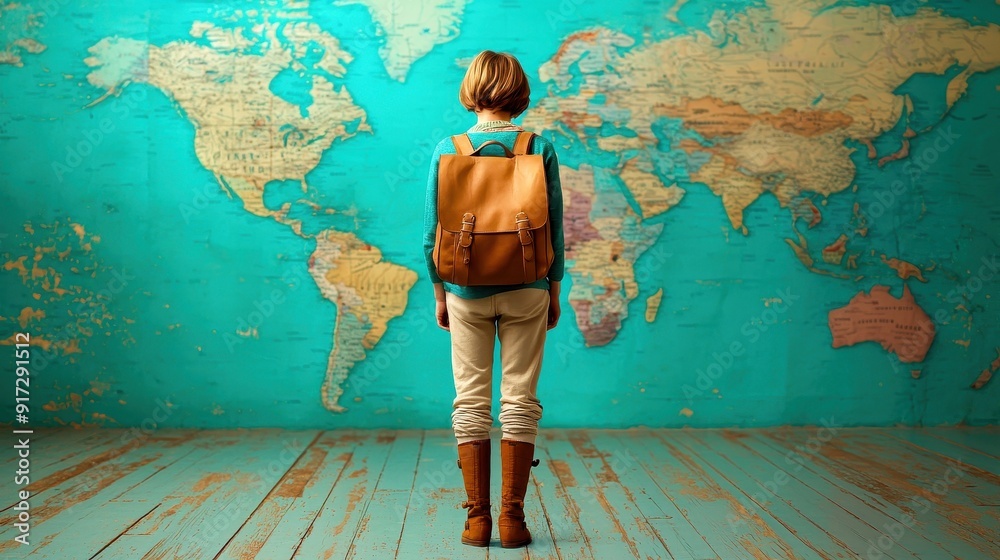 Obraz premium A traveler stands before a colorful world map, symbolizing adventure and exploration into new cultures and destinations.