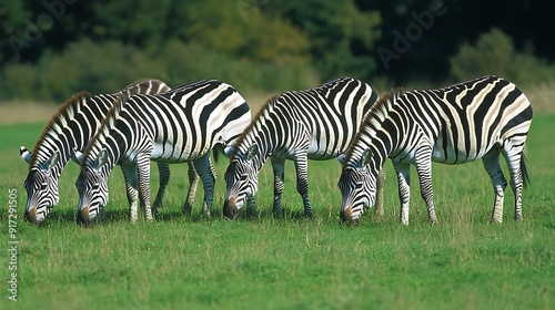 A group of zebras grazing in a grassy field, with their distinctive black and white stripes standing out