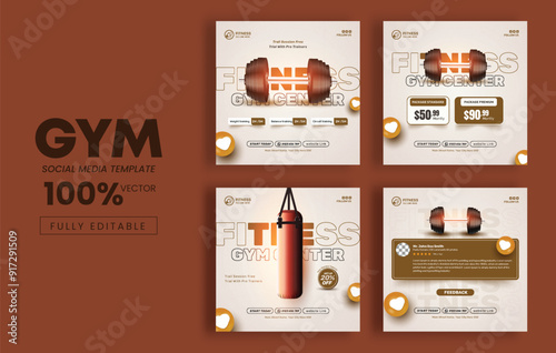 Fitness gym social media post banner template with gym equipment, gym, workout, fitness, and sports social media post banner design.