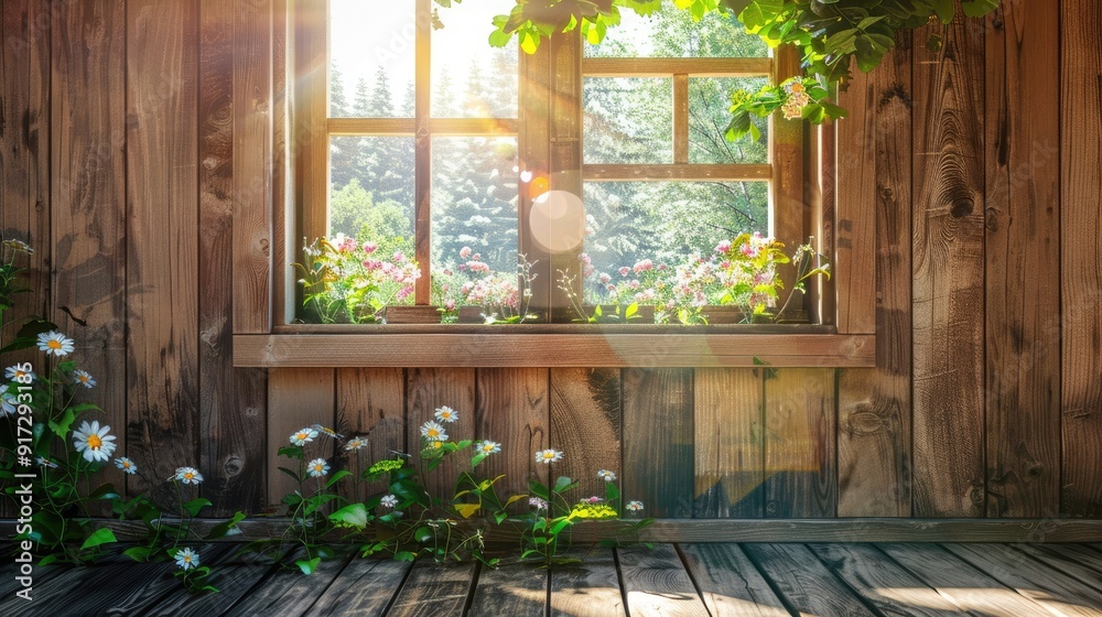 Summer window with wooden backdrop Summer window with wooden backdrop