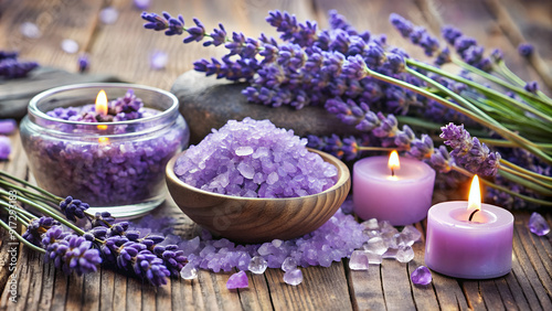 Beautiful lavender setting with crystals and flowers, perfect for aromatherapy and relaxation themes