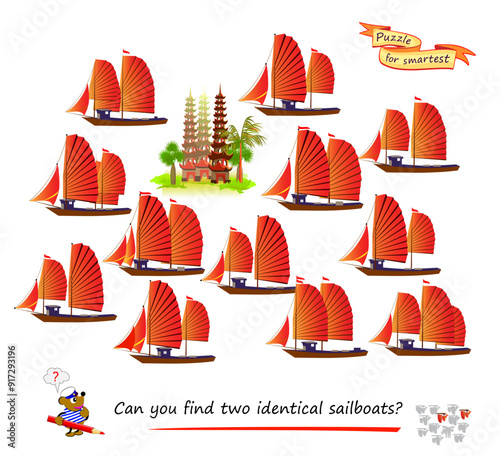 Logic puzzle game for children and adults. Can you find two identical sailboats? Page for kids brain teaser book. Task for attentiveness.  IQ test. Play online. Vector illustration.