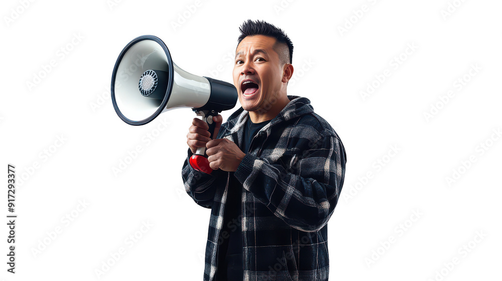 Middle-aged Asian man, 45, casual clothes, short hair - Announcing clearly with the megaphone Middle-aged Asian man, 45, casual clothes, short hair - Announcing clearly with the megaphone