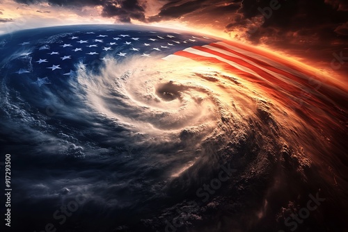 Super typhoon in colors of American flag - concept of extreme weather events photo