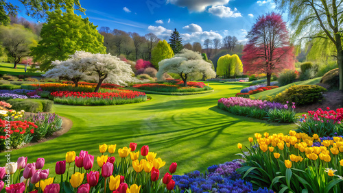 Beautiful spring garden. The green lawn emphasizes the blooming flowers in the garden. A diverse spectrum of colorful flowers, panoramic views, A diverse spectrum of colorful flowers, generative ai