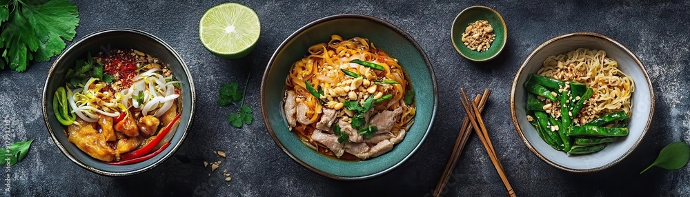 Delicious Asian dishes arranged beautifully, showcasing vibrant ingredients and rich flavors in a stylish presentation. Delicious Asian dishes arranged beautifully, showcasing vibrant ingredients and rich flavors in a stylish presentation.