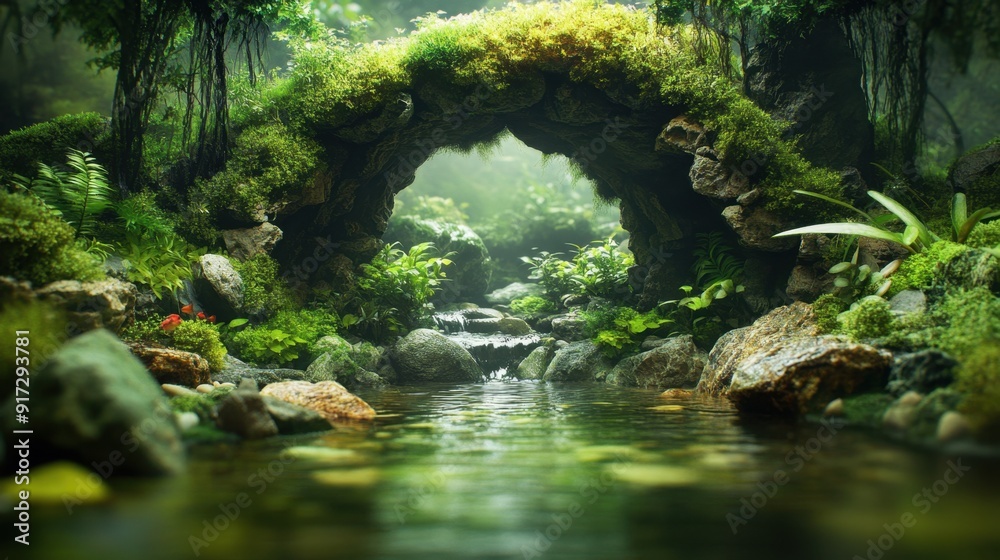 Fototapeta premium A serene waterfall cascades through a lush green forest, with a tranquil stream flowing over rocks, surrounded by trees and nature