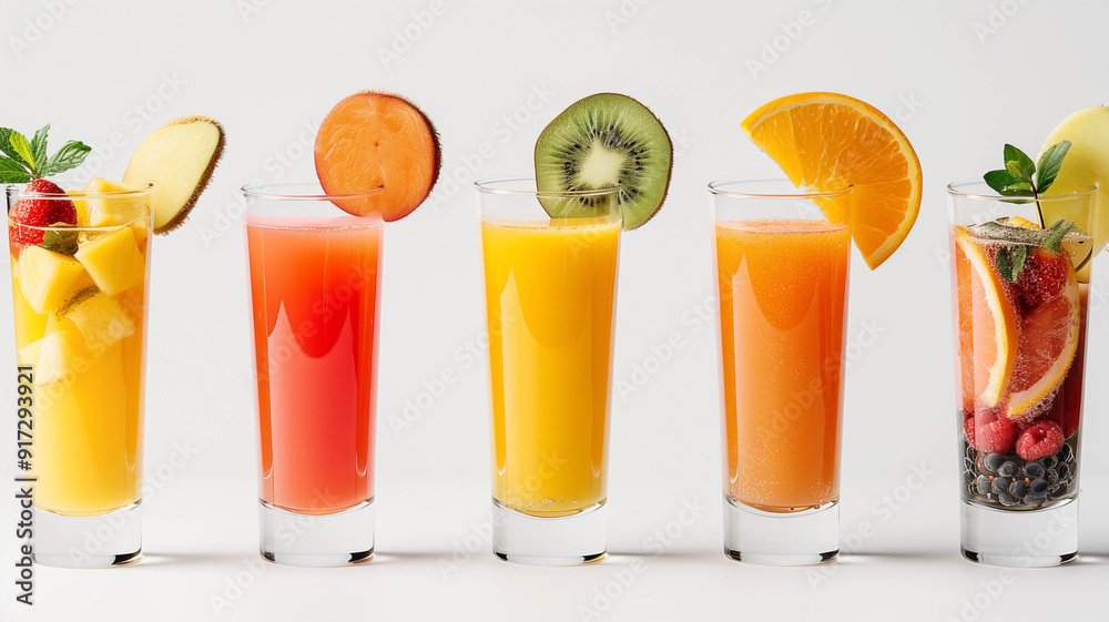 Fototapeta premium Five glasses filled with refreshing tropical fruit juices, each garnished with matching fruits,