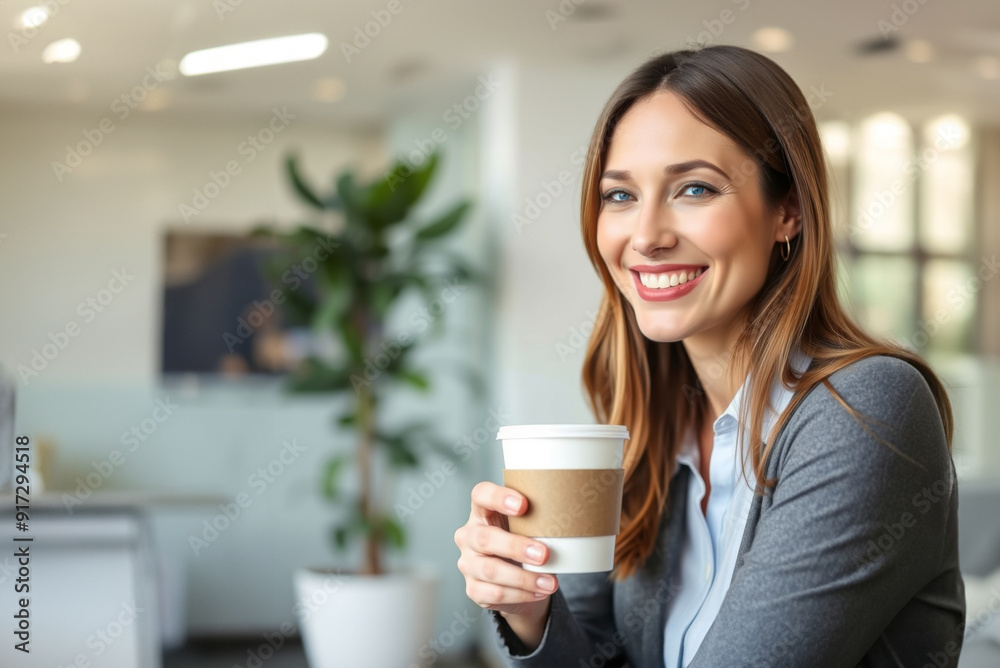 smiling businesswoman drinking coffee in office smiling businesswoman drinking coffee in office