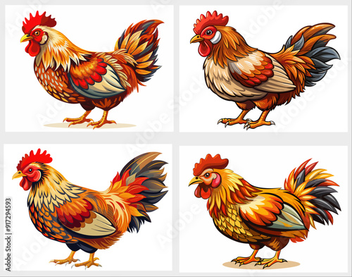 A set of four colourful hens, each with unique patterns and feather colours. The hens are depicted in a realistic and artistic manner, showcasing their vibrant plumage and distinctive features.